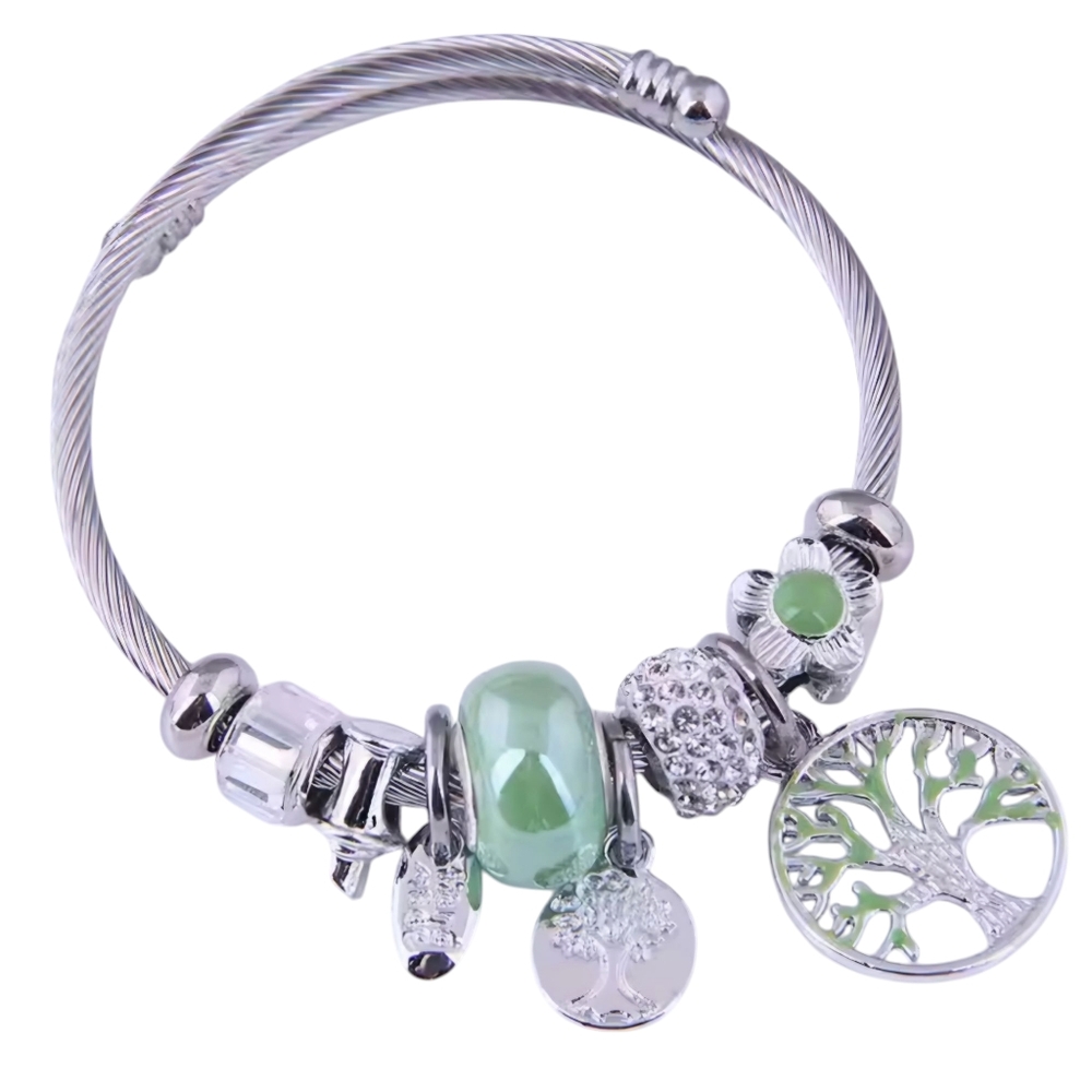 Tree Of Life Charm Bracelet Silver Tone & Green - Picture 1 of 8
